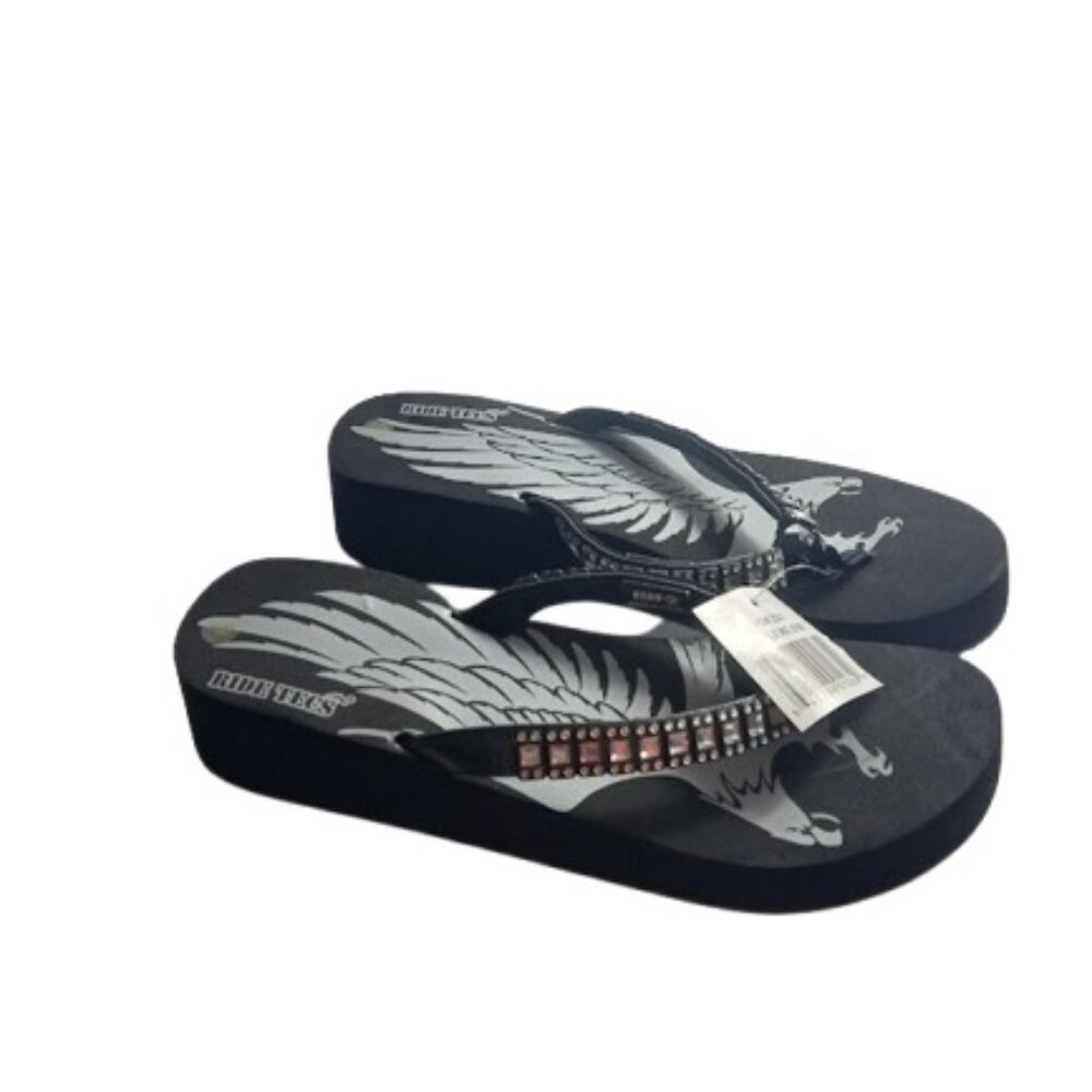 Ride Tecs Womens Wedge Thong Sandals Black Embellished 9M New